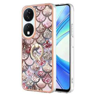 For Honor X7b 4G / 5G Electroplating Pattern IMD TPU Shockproof Case with Rhinestone Ring Holder(Pink Scales)