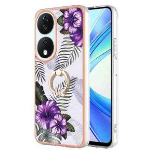 For Honor X7b 4G / 5G Electroplating Pattern IMD TPU Shockproof Case with Rhinestone Ring Holder(Purple Flower)