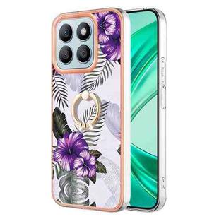 For Honor X8b Electroplating Pattern IMD TPU Shockproof Case with Rhinestone Ring Holder(Purple Flower)