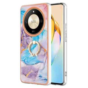 For Honor X9b Electroplating Pattern IMD TPU Shockproof Case with Rhinestone Ring Holder(Milky Way Blue Marble)