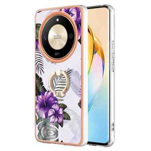 For Honor X9b Electroplating Pattern IMD TPU Shockproof Case with Rhinestone Ring Holder(Purple Flower)