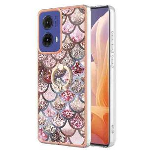 For Motorola Moto G85 Electroplating Pattern IMD TPU Shockproof Case with Rhinestone Ring Holder(Pink Scales)