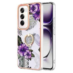 For OPPO Reno12 Global Electroplating Pattern IMD TPU Shockproof Case with Rhinestone Ring Holder(Purple Flower)