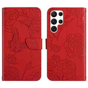 For Samsung Galaxy S25 Ultra 5G Skin Feel Butterfly Embossed Flip Leather Phone Case(Red)