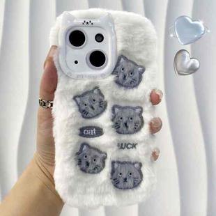 For iPhone 14 Plush Cute Cat Full Coverage Silicone Phone Case(White)