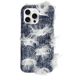 For iPhone 16 Pro Max Camellia Denim Plush TPU Phone Case(Dark Blue)