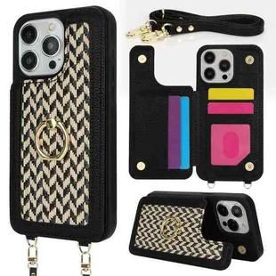 For iPhone 15 Pro Max Double Bckle Card Slot Full Coverage Phone Case with Cross-body Strap(Black)