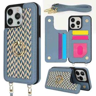 For iPhone 15 Pro Max Double Bckle Card Slot Full Coverage Phone Case with Cross-body Strap(Blue)