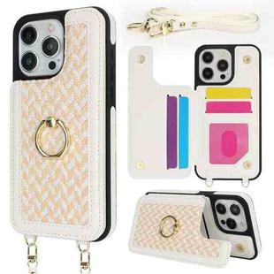 For iPhone 15 Pro Double Bckle Card Slot Full Coverage Phone Case with Cross-body Strap(White)