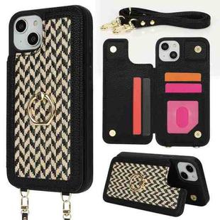 For iPhone 14 Plus / 15 Plus Double Bckle Card Slot Full Coverage Phone Case with Cross-body Strap(Black)