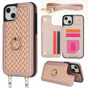 For iPhone 14 Plus / 15 Plus Double Bckle Card Slot Full Coverage Phone Case with Cross-body Strap(Rose Gold)