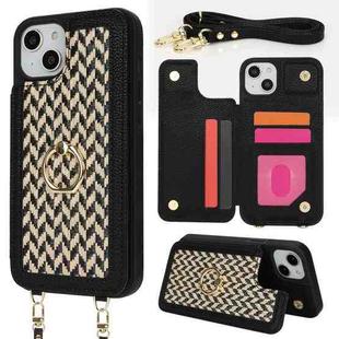 For iPhone 15 Double Bckle Card Slot Full Coverage Phone Case with Cross-body Strap(Black)