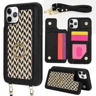 For iPhone 11 Pro Max Double Bckle Card Slot Full Coverage Phone Case with Cross-body Strap(Black)