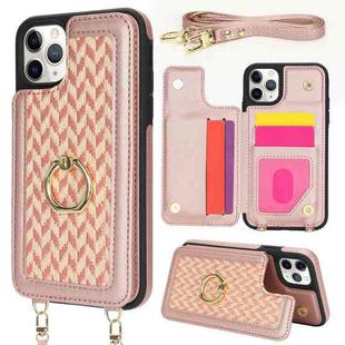 For iPhone 11 Pro Max Double Bckle Card Slot Full Coverage Phone Case with Cross-body Strap(Rose Gold)