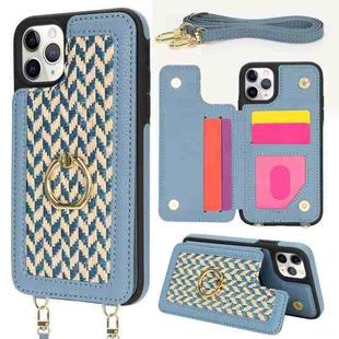 For iPhone 11 Pro Max Double Bckle Card Slot Full Coverage Phone Case with Cross-body Strap(Blue)