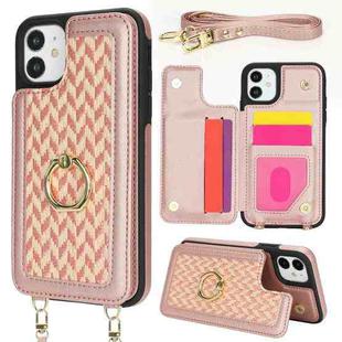 For iPhone 11 Double Bckle Card Slot Full Coverage Phone Case with Cross-body Strap(Rose Gold)