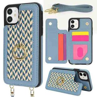 For iPhone 11 Double Bckle Card Slot Full Coverage Phone Case with Cross-body Strap(Blue)