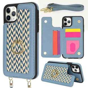 For iPhone 11 Pro Double Bckle Card Slot Full Coverage Phone Case with Cross-body Strap(Blue)