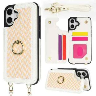 For iPhone 16 Plus Double Bckle Card Slot Full Coverage Phone Case with Cross-body Strap(White)