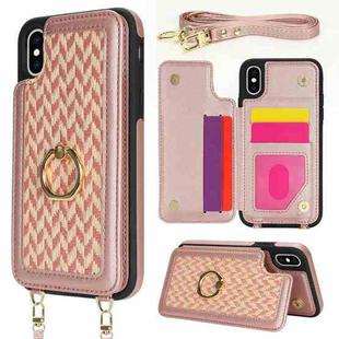 For iPhone X / XS Double Bckle Card Slot Full Coverage Phone Case with Cross-body Strap(Rose Gold)