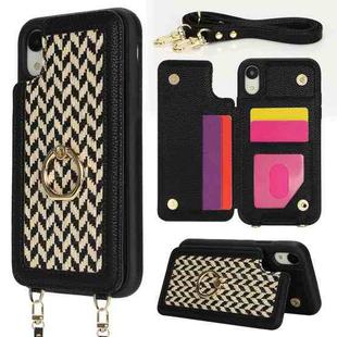 For iPhone XR Double Bckle Card Slot Full Coverage Phone Case with Cross-body Strap(Black)