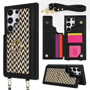 For Samsung Galaxy S22 Ultra 5G Double Bckle Card Slot Full Coverage Phone Case with Cross-body Strap(Black)