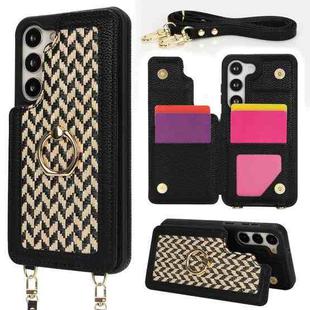 For Samsung Galaxy S23 5G Double Bckle Card Slot Full Coverage Phone Case with Cross-body Strap(Black)