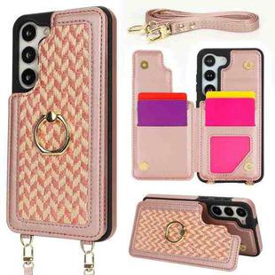 For Samsung Galaxy S23 5G Double Bckle Card Slot Full Coverage Phone Case with Cross-body Strap(Rose Gold)