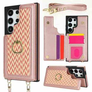 For Samsung Galaxy S23 Ultra 5G Double Bckle Card Slot Full Coverage Phone Case with Cross-body Strap(Rose Gold)