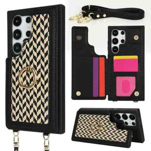 For Samsung Galaxy S24 Ultra 5G Double Bckle Card Slot Full Coverage Phone Case with Cross-body Strap(Black)