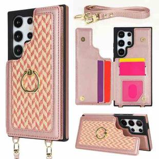 For Samsung Galaxy S24 Ultra 5G Double Bckle Card Slot Full Coverage Phone Case with Cross-body Strap(Rose Gold)