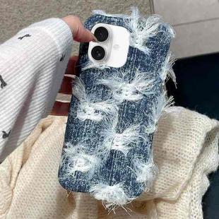 For iPhone 16 Plus Striped Fabric Plush TPU Phone Case(Dark Blue)