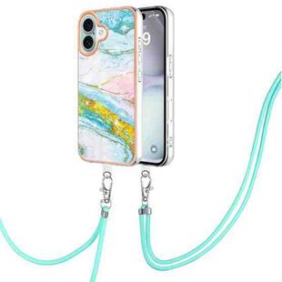 For iPhone 16 Plus Electroplating Marble Dual-side IMD Phone Case with Lanyard(Green 004)