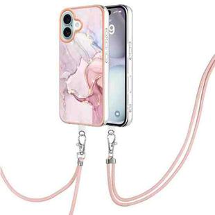 For iPhone 16 Plus Electroplating Marble Dual-side IMD Phone Case with Lanyard(Rose Gold 005)