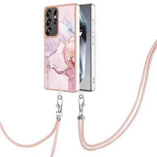 For Samsung Galaxy S25 Ultra 5G Electroplating Marble Dual-side IMD Phone Case with Lanyard(Rose Gold 005)