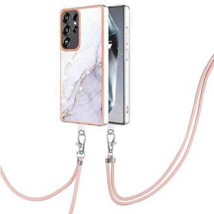 For Samsung Galaxy S25 Ultra 5G Electroplating Marble Dual-side IMD Phone Case with Lanyard(White 006)