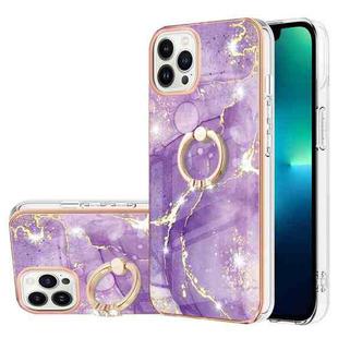 For iPhone 16 Pro Max Electroplating Marble IMD TPU Phone Case with Ring Holder(Purple 002)