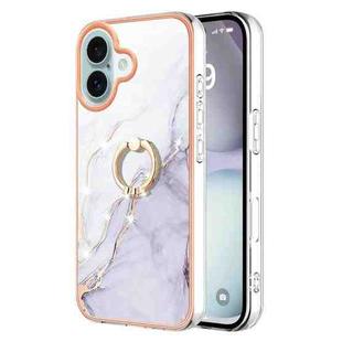 For iPhone 16 Plus Electroplating Marble IMD TPU Phone Case with Ring Holder(White 006)