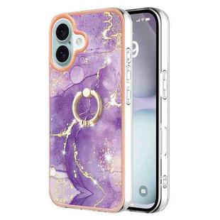 For iPhone 16 Plus Electroplating Marble IMD TPU Phone Case with Ring Holder(Purple 002)