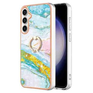 For Samsung Galaxy S24 FE 5G Electroplating Marble IMD TPU Phone Case with Ring Holder(Green 004)