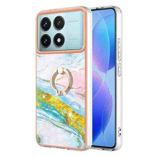 For Xiaomi Poco F6 Pro 5G Electroplating Marble IMD TPU Phone Case with Ring Holder(Green 004)