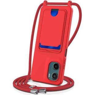 For Motorola Moto G05 / E15 4G Integrated Card Bag Solid Color Liquid Silicone Phone Case with Lanyard(Red)