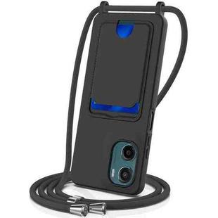 For Motorola Moto G05 / E15 4G Integrated Card Bag Solid Color Liquid Silicone Phone Case with Lanyard(Black)