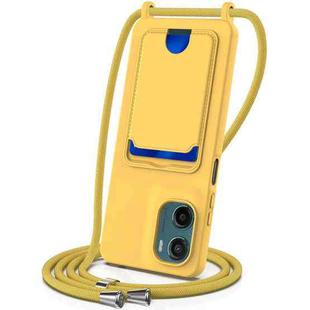 For Motorola Moto G05 / E15 4G Integrated Card Bag Solid Color Liquid Silicone Phone Case with Lanyard(Yellow)