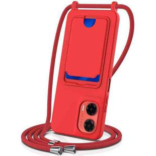 For Motorola Moto G35 Integrated Card Bag Solid Color Liquid Silicone Phone Case with Lanyard(Red)