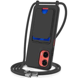For Motorola Moto G35 Integrated Card Bag Solid Color Liquid Silicone Phone Case with Lanyard(Black)