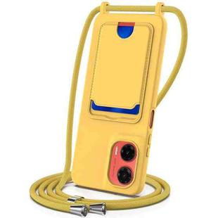For Motorola Moto G35 Integrated Card Bag Solid Color Liquid Silicone Phone Case with Lanyard(Yellow)