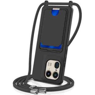 For Motorola Edge 50 Ultra Integrated Card Bag Solid Color Liquid Silicone Phone Case with Lanyard(Black)