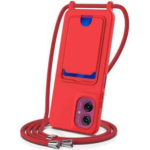 For Motorola Moto G55 Integrated Card Bag Solid Color Liquid Silicone Phone Case with Lanyard(Red)