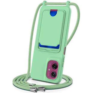 For Motorola Moto G55 Integrated Card Bag Solid Color Liquid Silicone Phone Case with Lanyard(Green)
